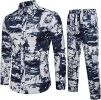 Men's Floral 2 Piece Tracksuits Long Seelve Button Down Outfits Fashion Casual Shirt + Pants Set