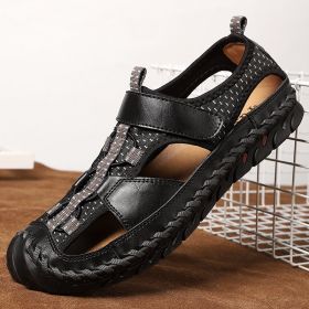 Hot Sale Summer Men's Sandals Outdoor Non-slip Men's Beach Sandals Handmade Genuine Leather Men's Shoes Fashion Men Sneakers (Color: Black, size: 10.5)