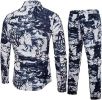 Men's Floral 2 Piece Tracksuits Long Seelve Button Down Outfits Fashion Casual Shirt + Pants Set